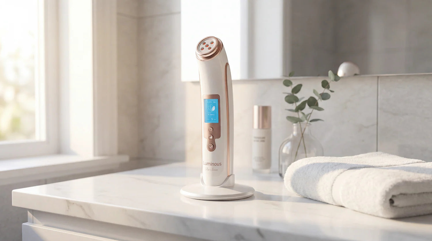 The Luminous Pro Series device resting in its charging stand on a bright marble bathroom counter